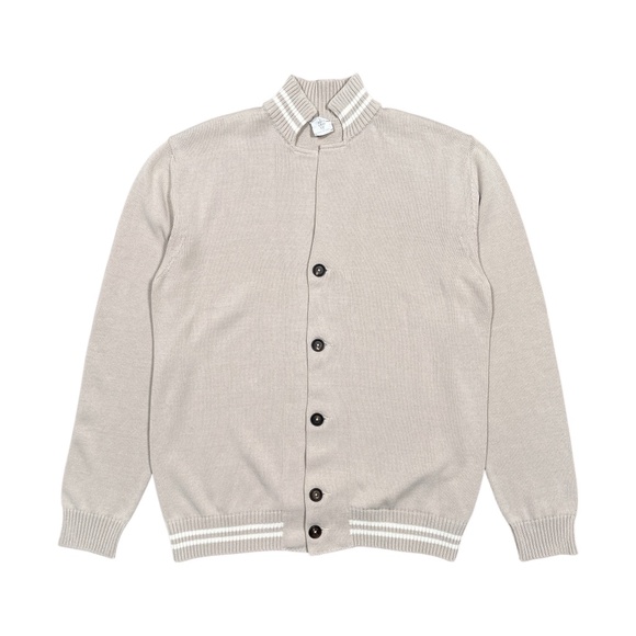 Eleventy Platinum Cotton Striped Tan Stand Collar Cardigan Sweater Mens 2XL - Picture 1 of 10